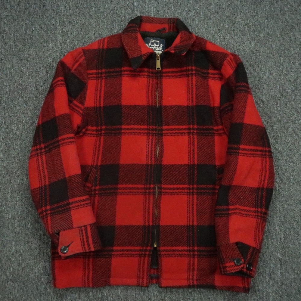 VINTAGE Woolrich Jacket Mens Medium Red Buffalo Plaid Wool Ful Zip Lined *